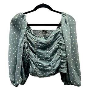 Fashion Nova Green Polka Dot Puff Sleeve Ruched Coquette Chic Crop Top Blouse-XL